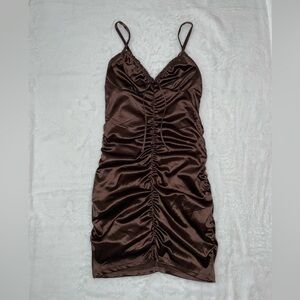 NWOT Deep Brown Ruched Mini Dress - Medium/Small Flattering Silky​